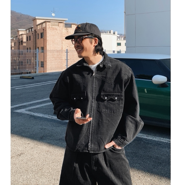小北韩国代购男装东大门不规则双口袋重工牛仔夹克外套春装潮牌