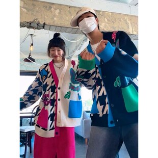 小北韩国代购男装东大门针织衫外套2ND家千鸟格卡通情侣重工撞色