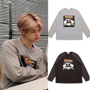 韩国代购情侣txt崔然竣同款future条纹插肩宽松长袖T恤男女同款