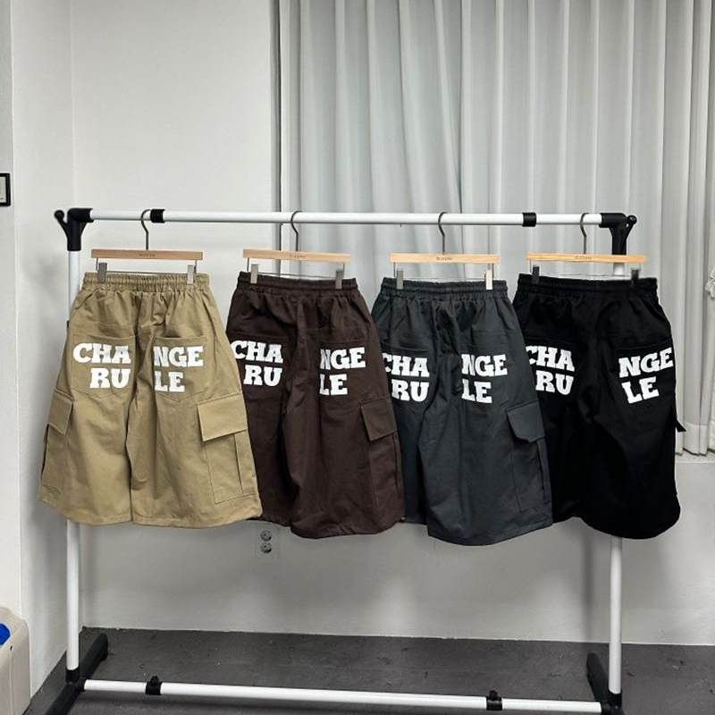 小北韩国代购男装东大门休闲短裤字母宽松工装口袋阔腿纯色个性
