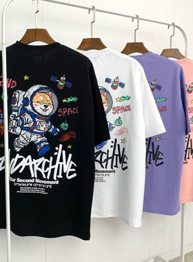 小北韩国代购男装东大门2ND家太空飞行员手绘柴犬印花短袖T恤夏季