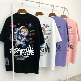 T恤夏季 东大门2ND家太空飞行员手绘柴犬印花短袖 男装 小北韩国代购