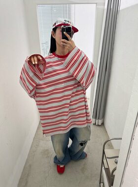 韩国代购男装东大门votus落肩阔版混色条纹情侣男女同款长袖T恤