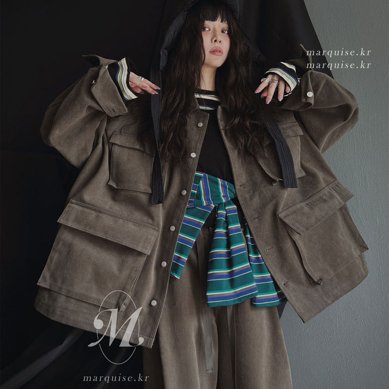 小北韩国代购男东大门东大门夹克立领可翻中长款复古多口袋宽松