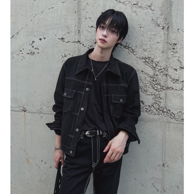 小北韩国代购男装东大门重工拼接车线设计师明显口袋牛仔长袖衬衫