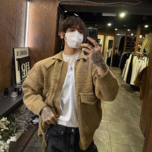 韩国东大门男装代购针织衫迷人布同款翻领开衫毛衣外套羊毛衫宽松