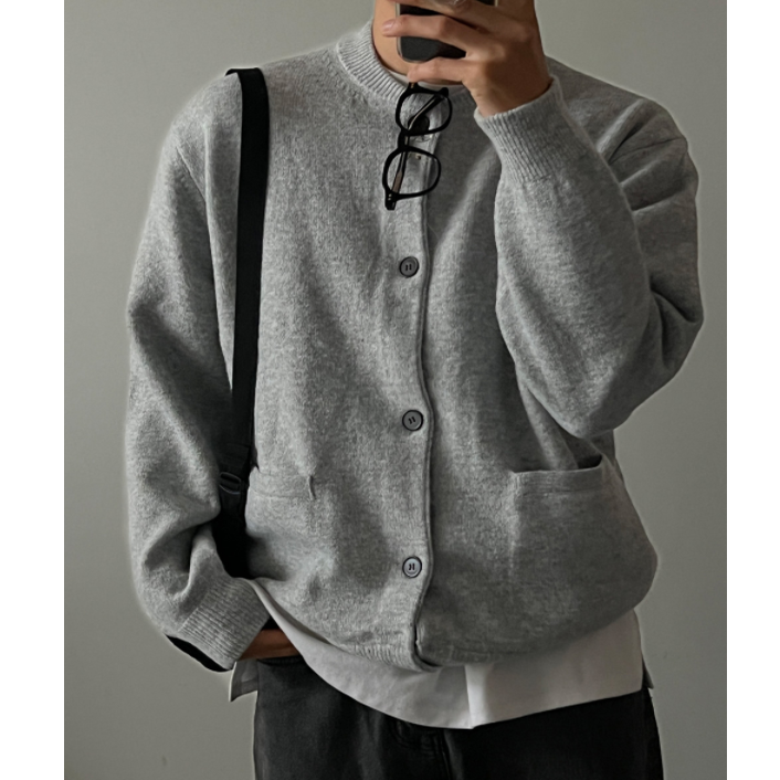 小北韩国代购男装东大门针织衫圆领双口袋休闲简约纯色系扣毛衣