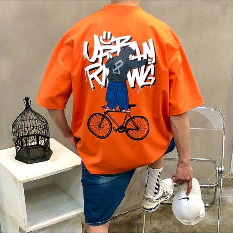 小北韩国代购男装东大门短袖T恤城市涂鸦自行车印花字母减龄可爱