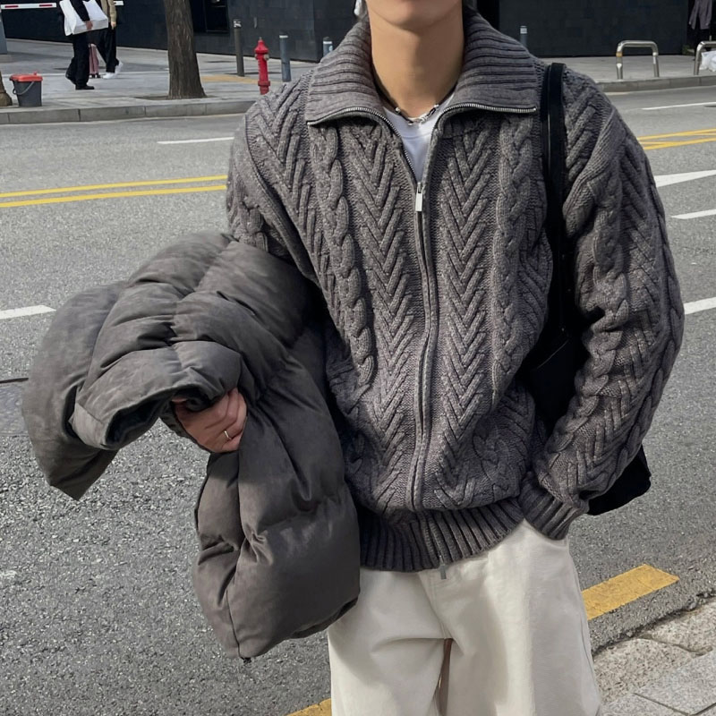 韩国东大门男装代购针织衫翻领拉链开襟麻花波浪纹理开衫羊毛毛衣