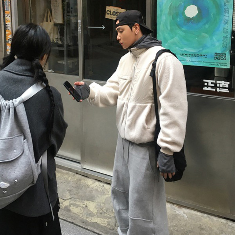 小北韩国代购男装东大门夹克拼接摇粒绒立领多口袋设计可收腰外套