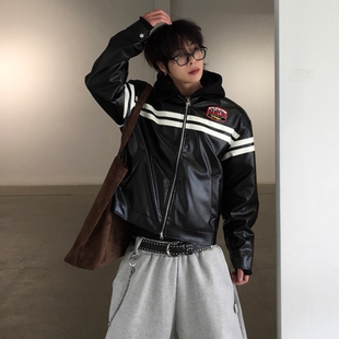 东大门翻领皮衣赛车条纹PU皮机车皮夹克外套春装 小北韩国代购 男装