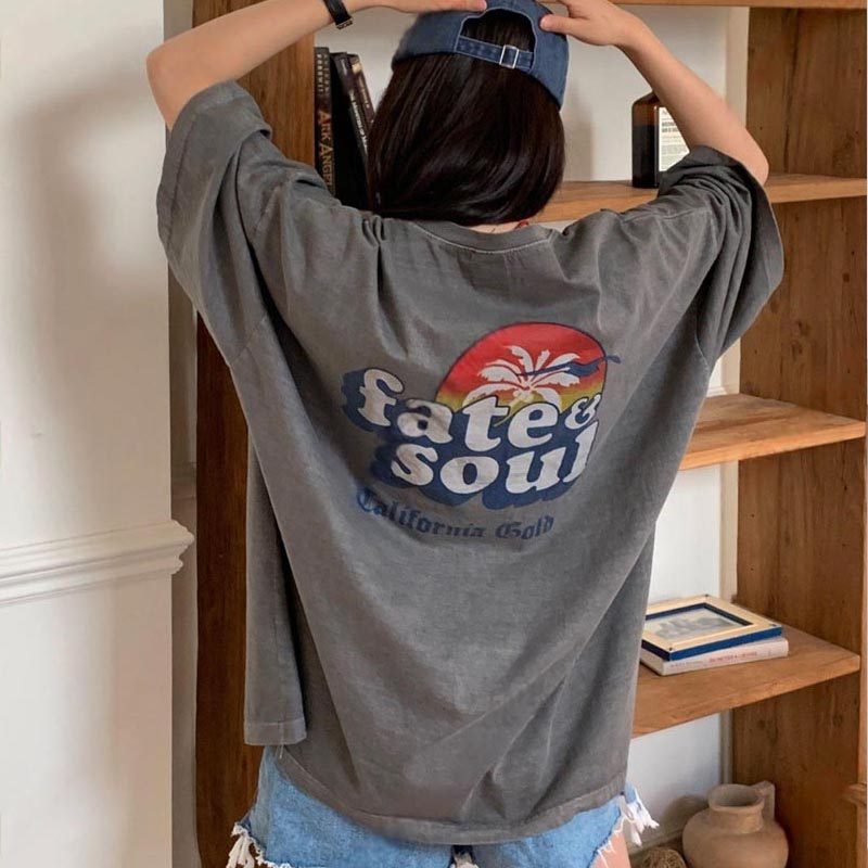 韩国代购大码男装东大门短袖T恤后背日出英文字母印花半袖OS体恤