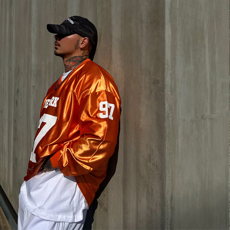 韩国东大门代购男装长袖T恤丝滑光泽感V领97数字印花宽松球衣夏天