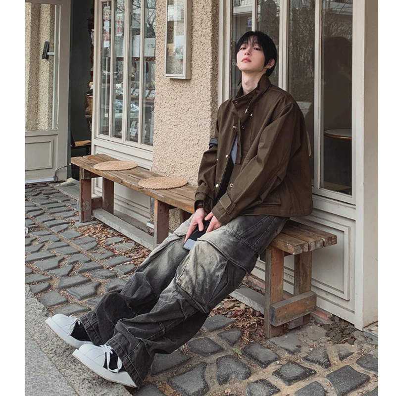 小北韩国代购男装东大门牛仔裤水洗色复古做旧工装口袋青春减龄