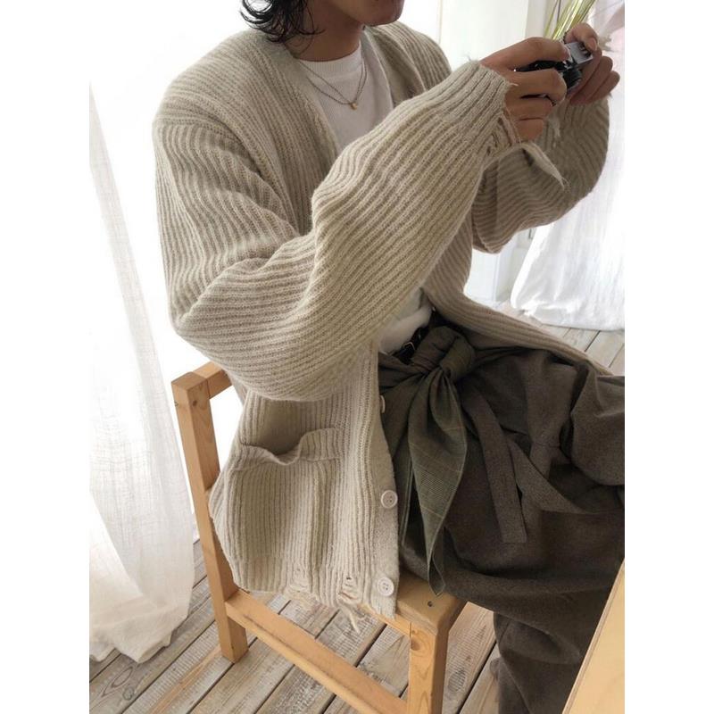 小北韩国代购男装东大门针织开衫V领宽松纯色坑条纹做旧破损毛衣