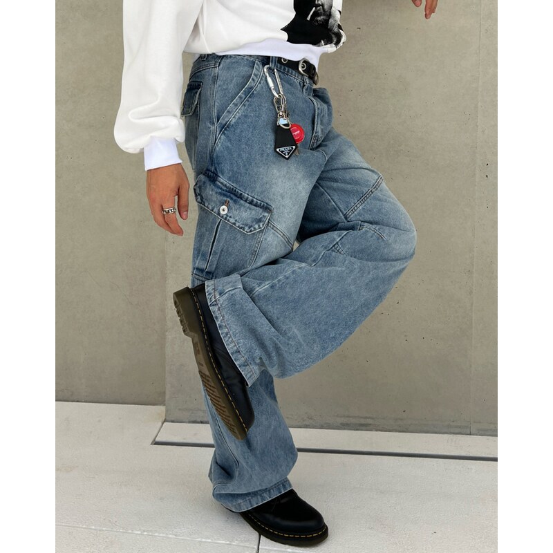 小北韩国代购男装东大门牛仔裤水洗翻盖口袋拼接设计潮流百搭长裤