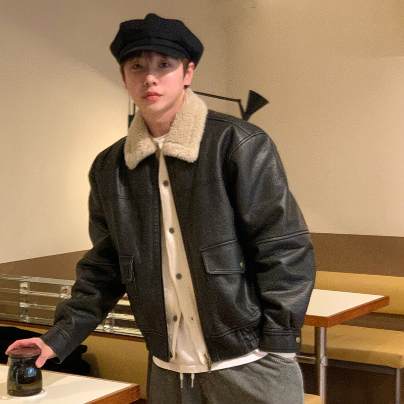 小北韩国男装代购东大门重工做旧翻毛领拉链双口袋收腰皮夹克外套