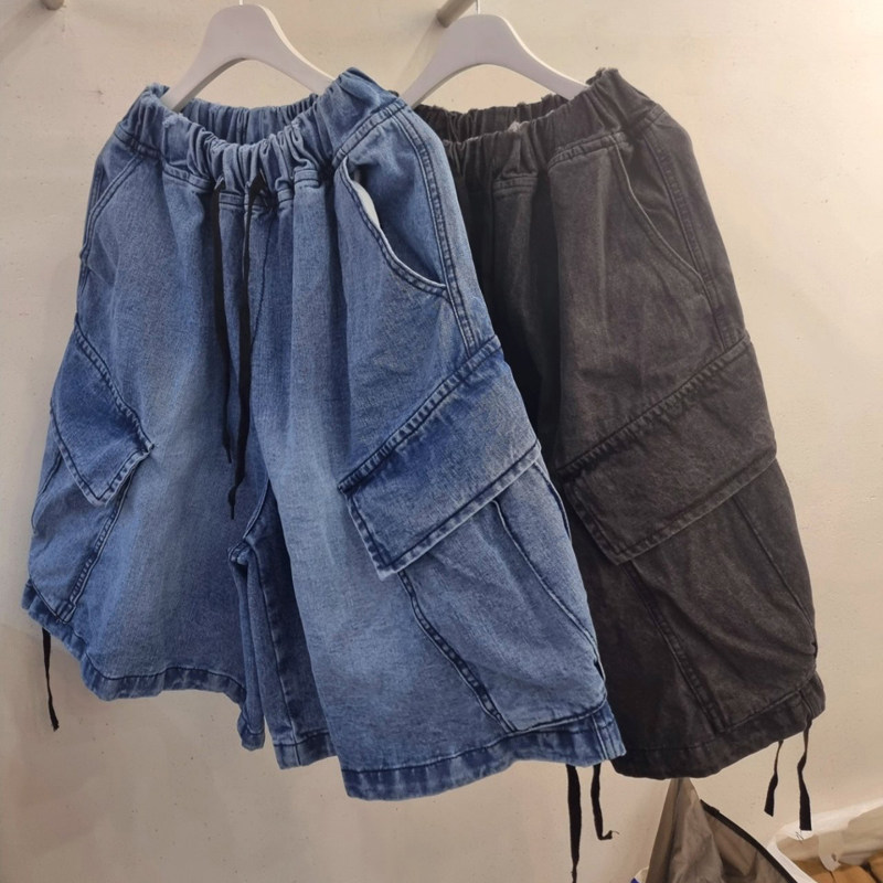 韩国男装代购东大门牛仔短裤工装口袋重工水洗高街阔腿直筒五分裤