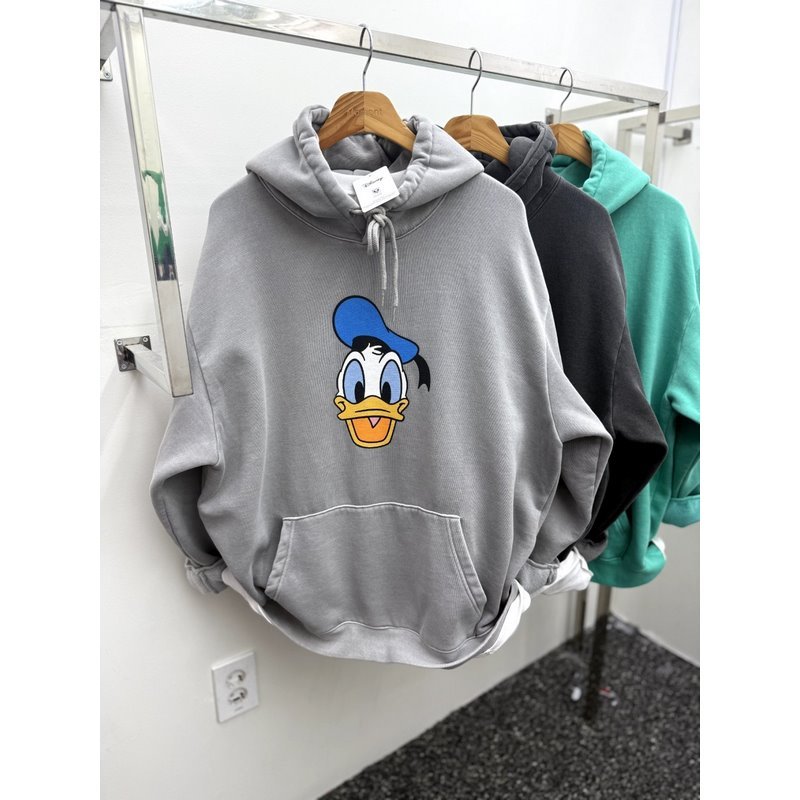 小北韩国代购男装东大门加绒连帽卫衣减龄卡通唐老鸭印花水洗帽衫