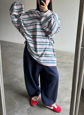 小北韩国代购男装东大门VOTUS复古红白条纹宽松情侣长袖T恤大版型