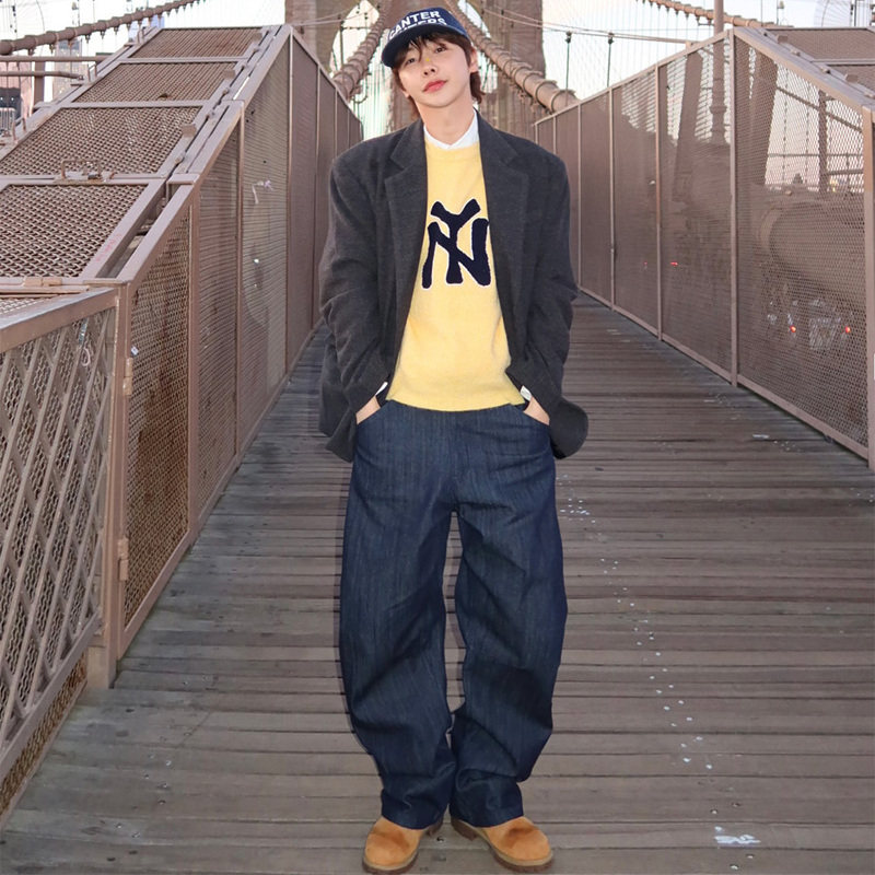 小北韩国代购男装东大门牛仔裤混色弧形阔腿水洗百搭潮流长裤