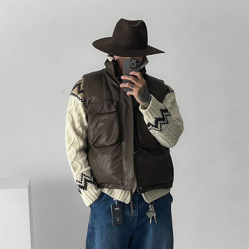 小北韩国男装代购东大门立领大口袋内拉链痞帅机车PU皮衣马甲外套