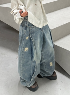 韩国男装代购东大门牛仔裤拼接破洞扎线UNUSED LAB重工立体折叠