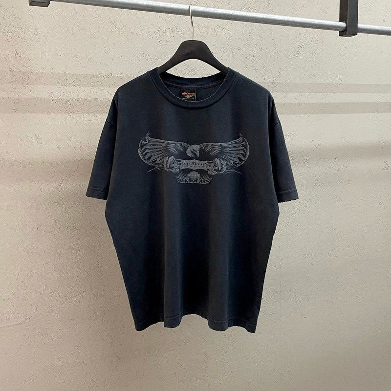 小北韩国代购男装东大门短袖T恤重磅复古老鹰图案印花水洗做旧