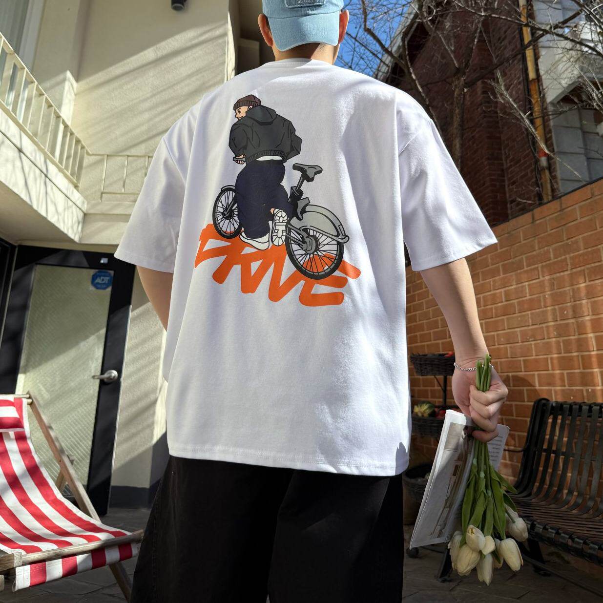 小北韩国代购男装东大门卡通自行车字母印花图学院减龄短袖T恤夏