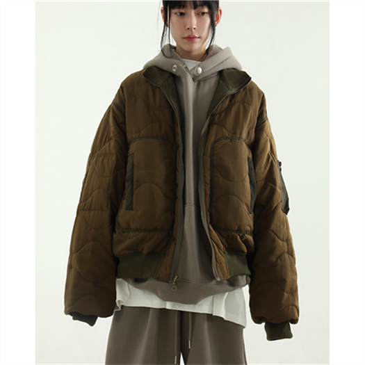 韩国东大门男装代购宽松复古立领撞色波浪绗线工装多口袋夹克外套