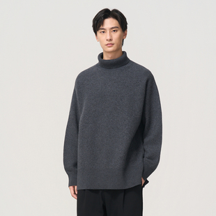 男款 石见山100%澳洲美利奴羊毛缩绒毛衣男士 高领宽松套头针织线衫