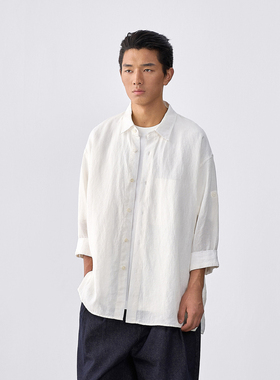 石见山男装衬衣2025新款白色汉麻料夏季男款夏日七分袖衬衫男士