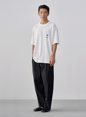 石见山男装 夏季新款全棉透气白色百搭文字印花短袖圆领纯棉T恤男