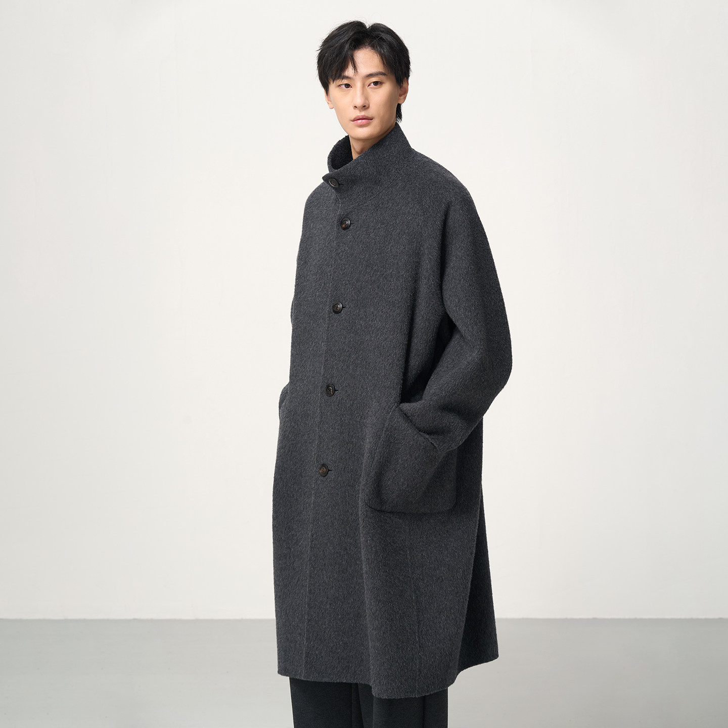 石见山高端牦牛绒绵羊毛双面呢子外套男士长款立领男款毛呢大衣