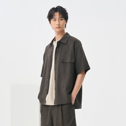 莱赛尔亚麻混纺翻领落肩衬衫男士慵懒风夏季薄款短袖衬衣透气上衣