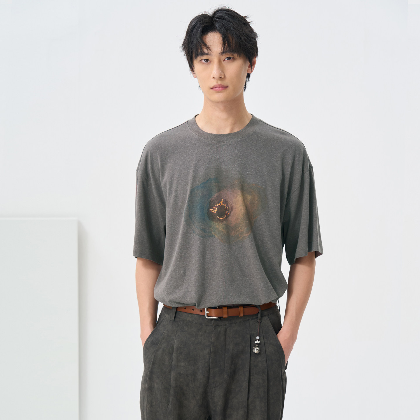 夏季天丝亚麻质感T恤男士小众晕染印花松弛感短袖百搭不撞款上衣