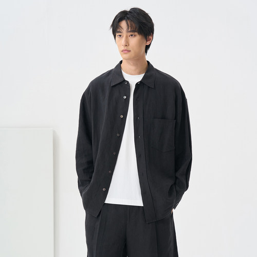 石见山100%汉麻男士宽松长袖衬衫