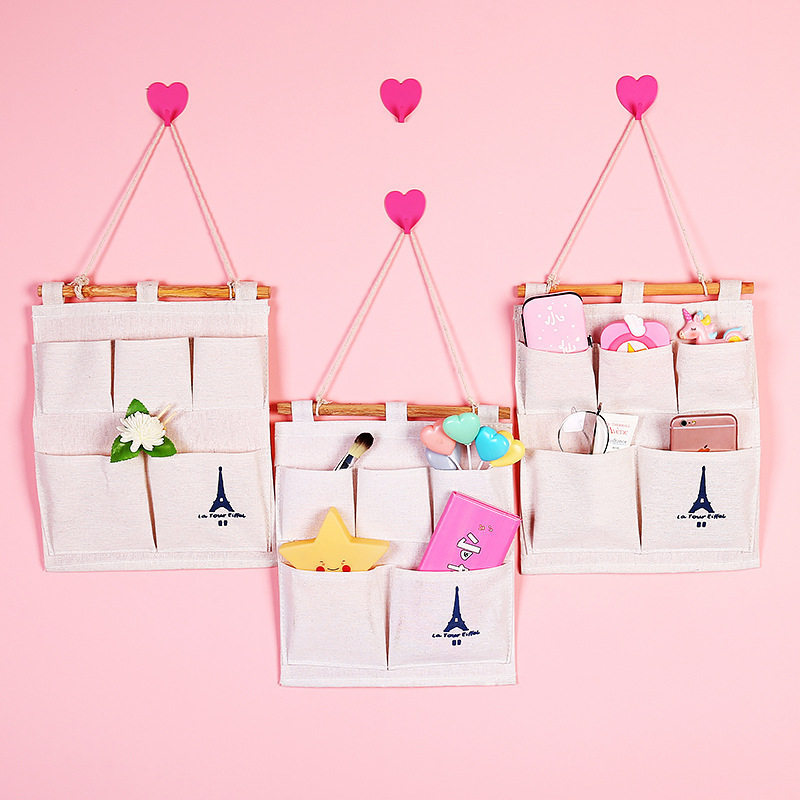 棉麻铁塔挂袋5兜收纳袋 壁挂式收纳袋 布艺杂物收纳