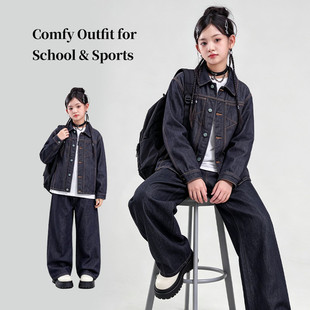 2026新款美式复古牛仔外套阔腿裤套装女宽松百搭水洗长裤黑色