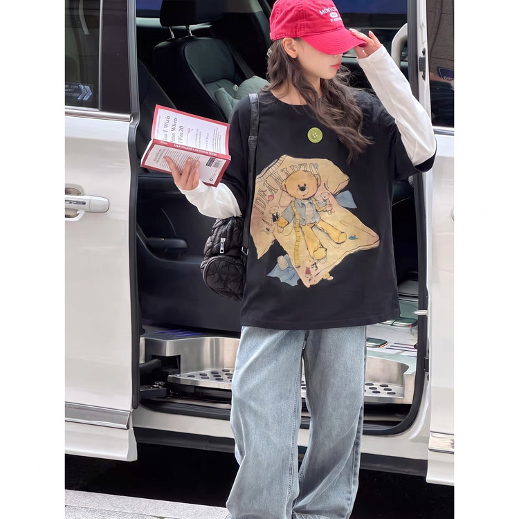 超好看2026新款女童卡通印花长袖T恤宽松休闲圆领中长款黑色上衣
