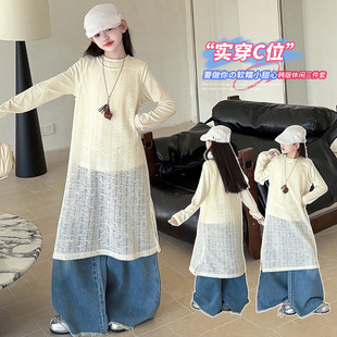 长袖薄款2026韩版女童春秋三件套叠穿针织上衣牛仔裤少女休闲套装
