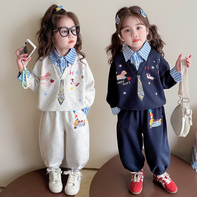 2026新款卡通风女童假两件领带卫衣套装春秋休闲运动两件套潮酷潮,童装/婴儿装/亲子装,套装,淘宝优惠券,粉丝福利购,淘宝优惠卷