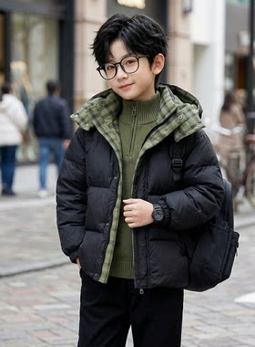 超好看黑色连帽羽绒服男女通用假两件拼接设计加厚保暖防寒面包服