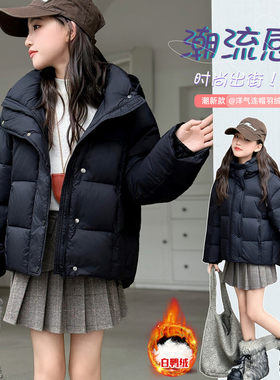 2026新款韩版泡芙羽绒服女童加厚连帽宽松面包服黑色保暖外套潮