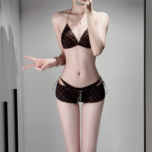 棕色复古格子辣妹比基尼泳衣女三件套泡温泉性感网红小众度假海边