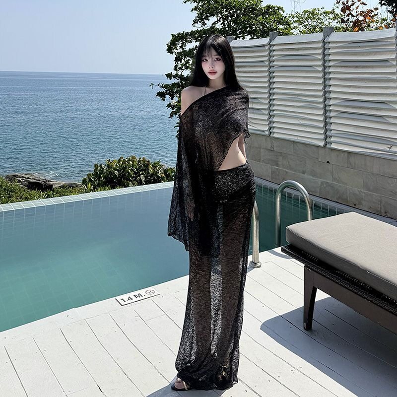 泳衣女分体比基尼四件套性感钢托披肩长裙遮肉高级感海岛温泉泳装