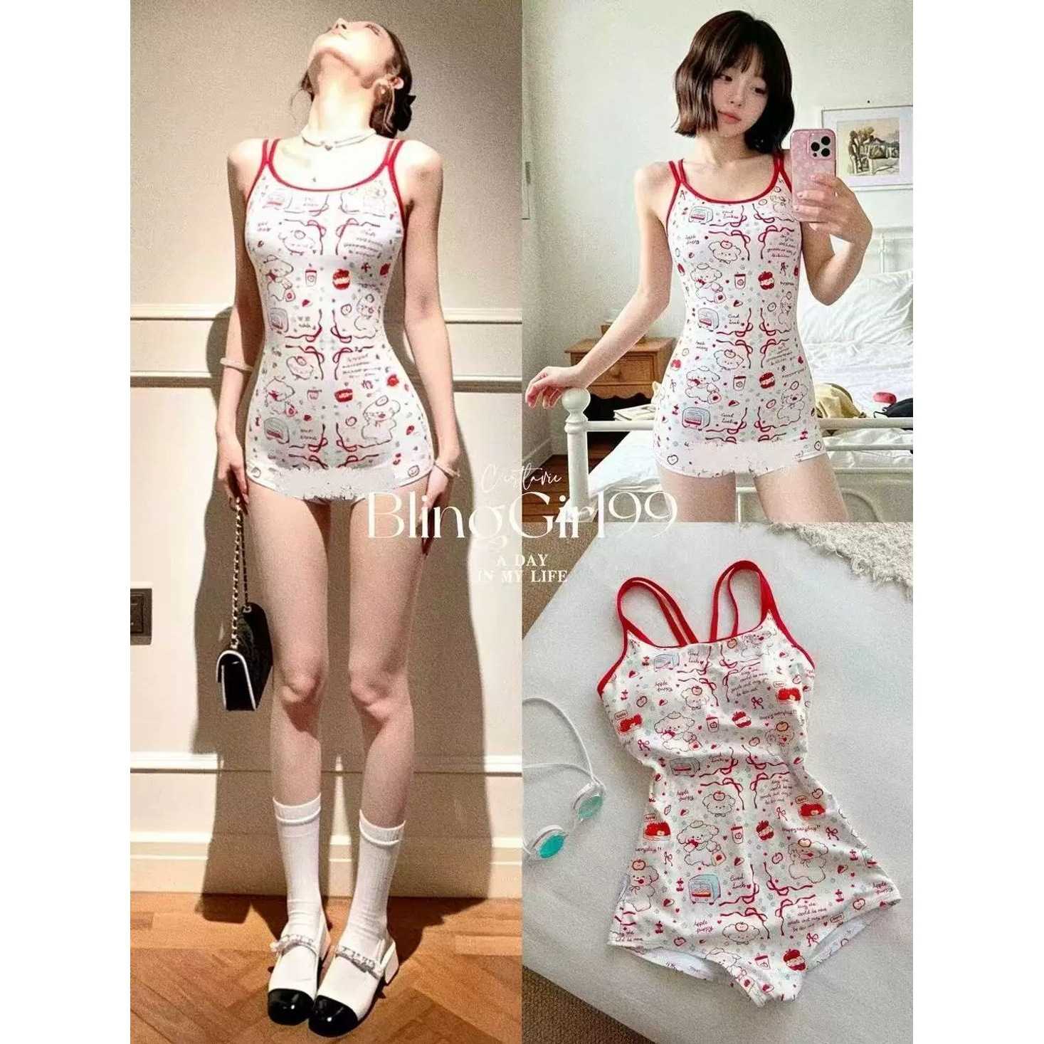 【苹果狗】卡通印花连体泳衣女夏季撞色修身显瘦竞速可爱风泳装