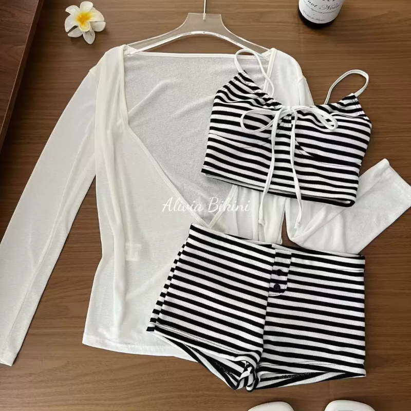 【济州微风】韩系ins条纹高腰分体泳衣带罩衫海岛温泉度假泳衣女