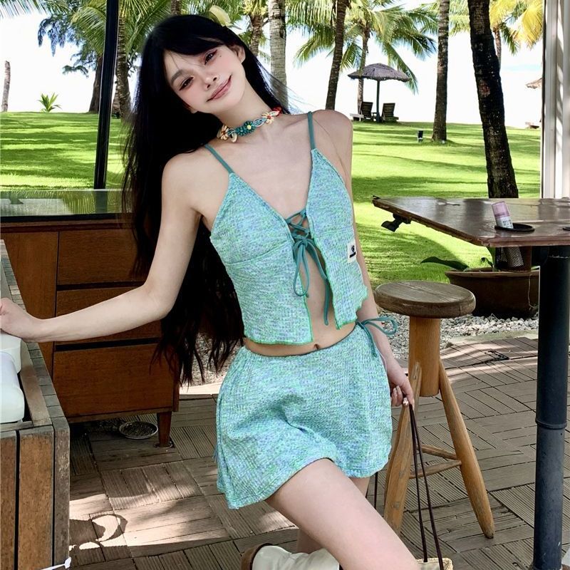 小众超仙时尚甜辣遮肉小胸分体裙式比基尼游泳衣小清新绿色显白夏