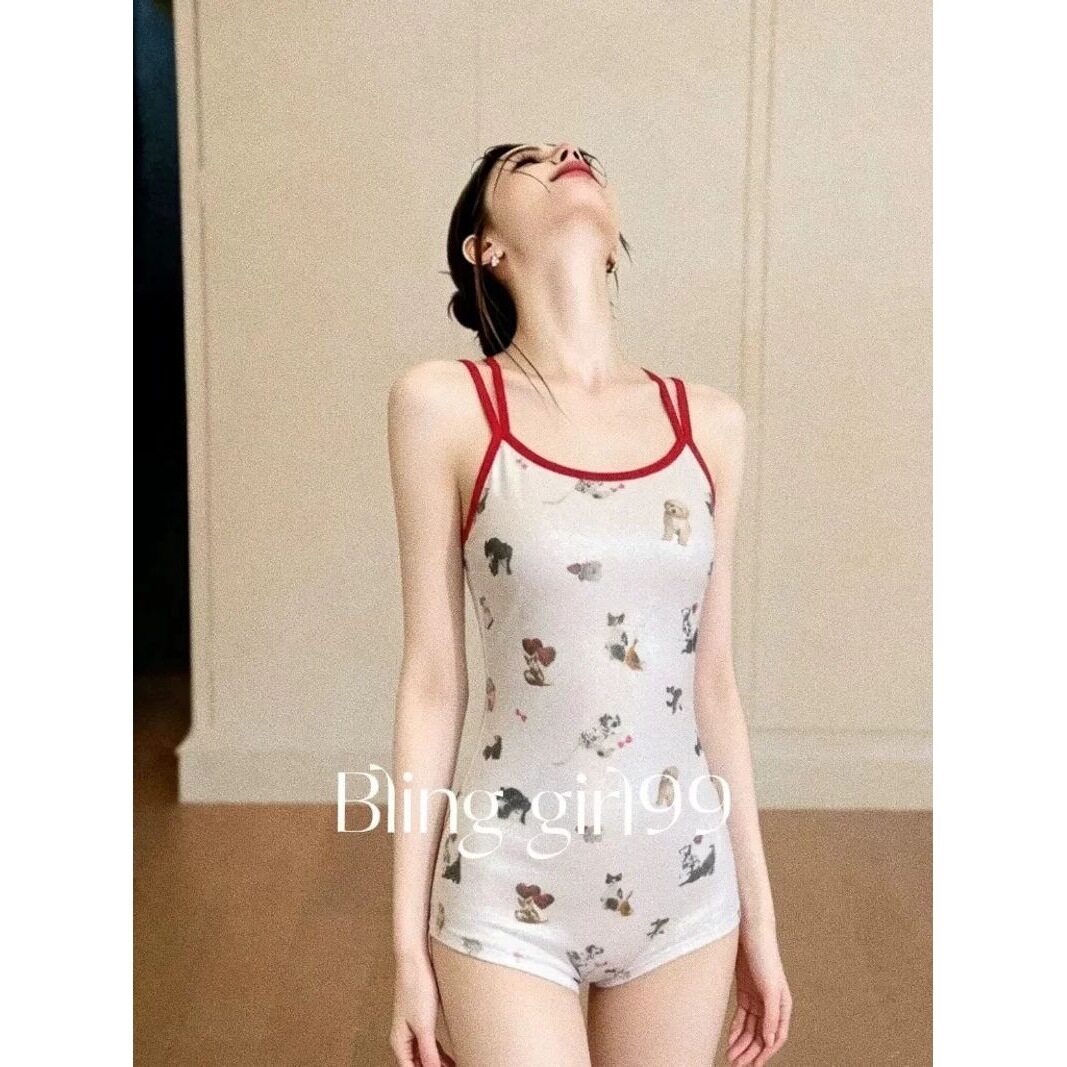 【动物园】美式辣妹风卡通印花连体女撞色修身显瘦可爱竞速泳衣